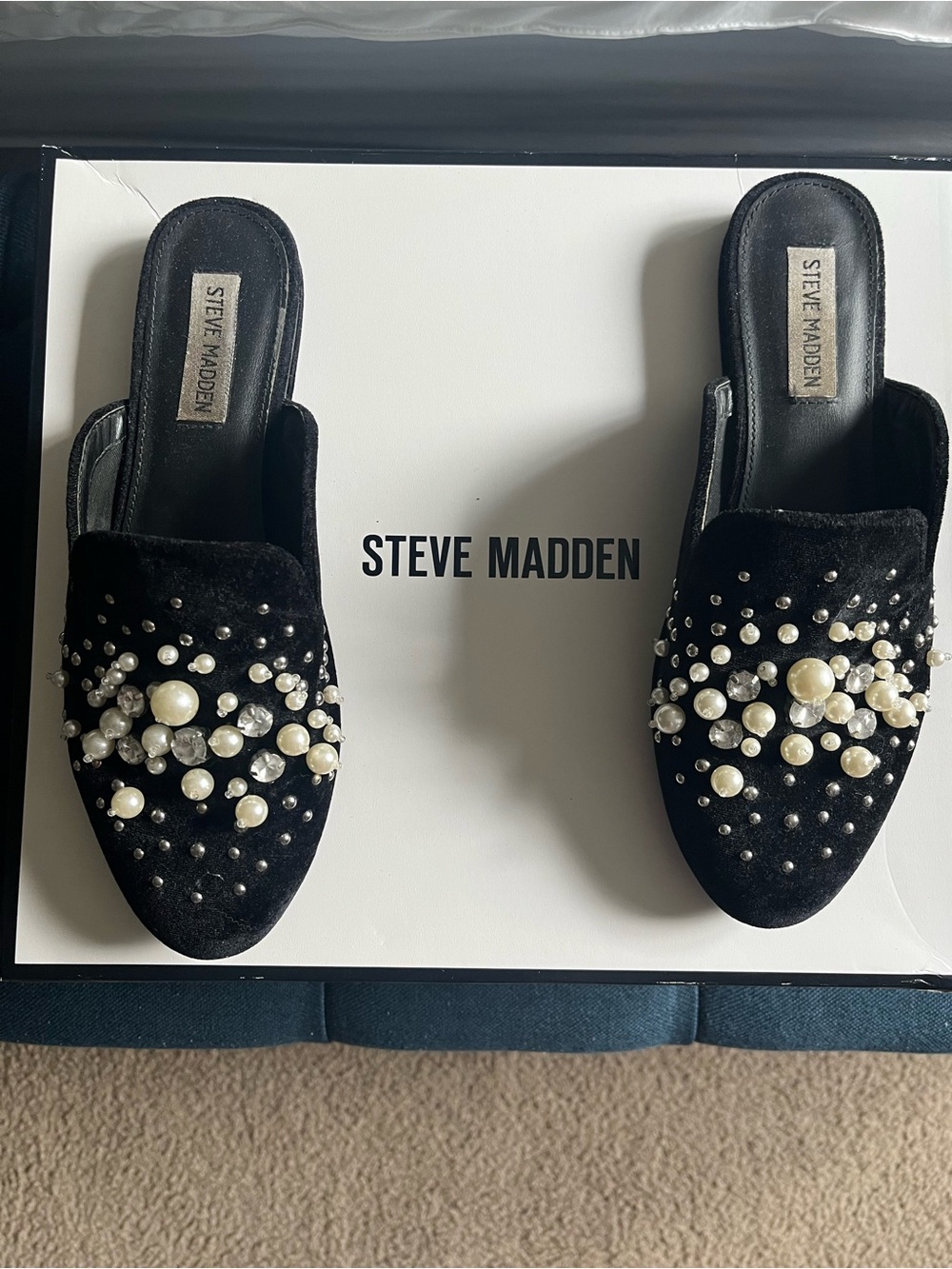 Steve Madden Black Velvet Pearl-Embellished Slip-On Mules